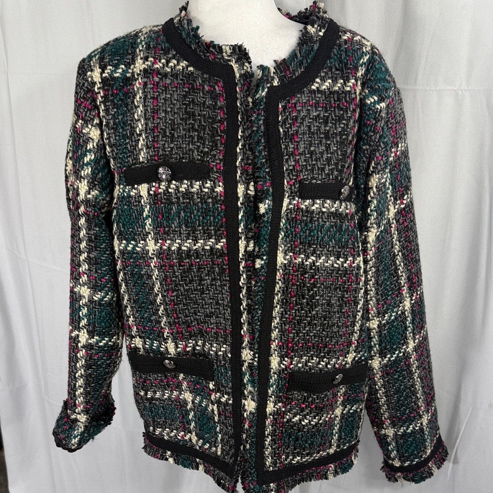 ANTHROPOLOGIE PLAID TWEED BLAZER JACKET L - Picture 3 of 11